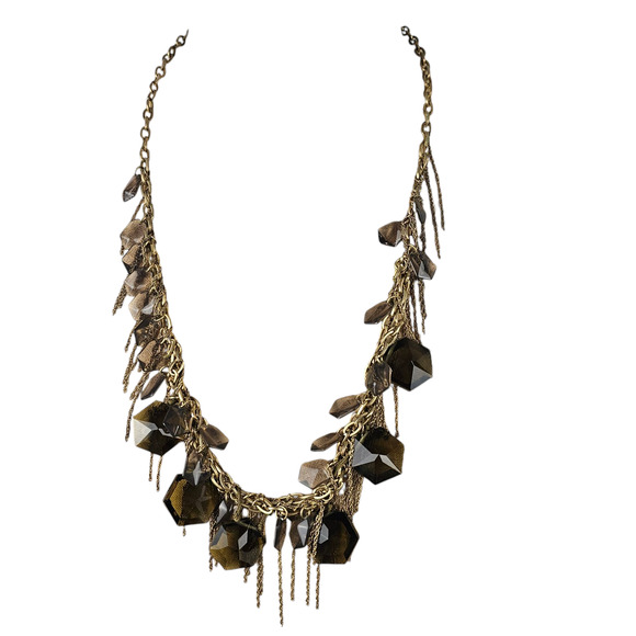 Lot 2 J Crew necklaces olive green and stone ribbon smokey facetted fringed - Picture 3 of 11